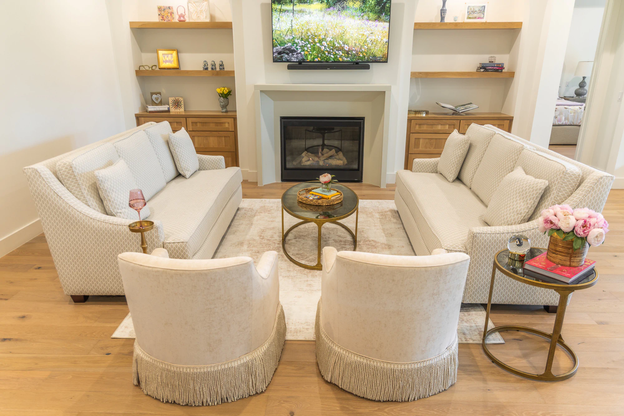Elegant transitional living room with custom sofas by Living Designs Furniture Houston